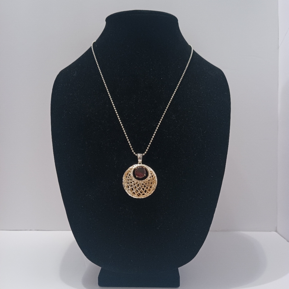 Vintage Sterling Filigree Pendant Necklace with Burgundy Accent Stone